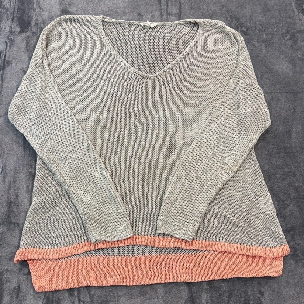 Eileen Fisher Linen Knit Sweater Womens Grey Coral V-Neck High-Low XL